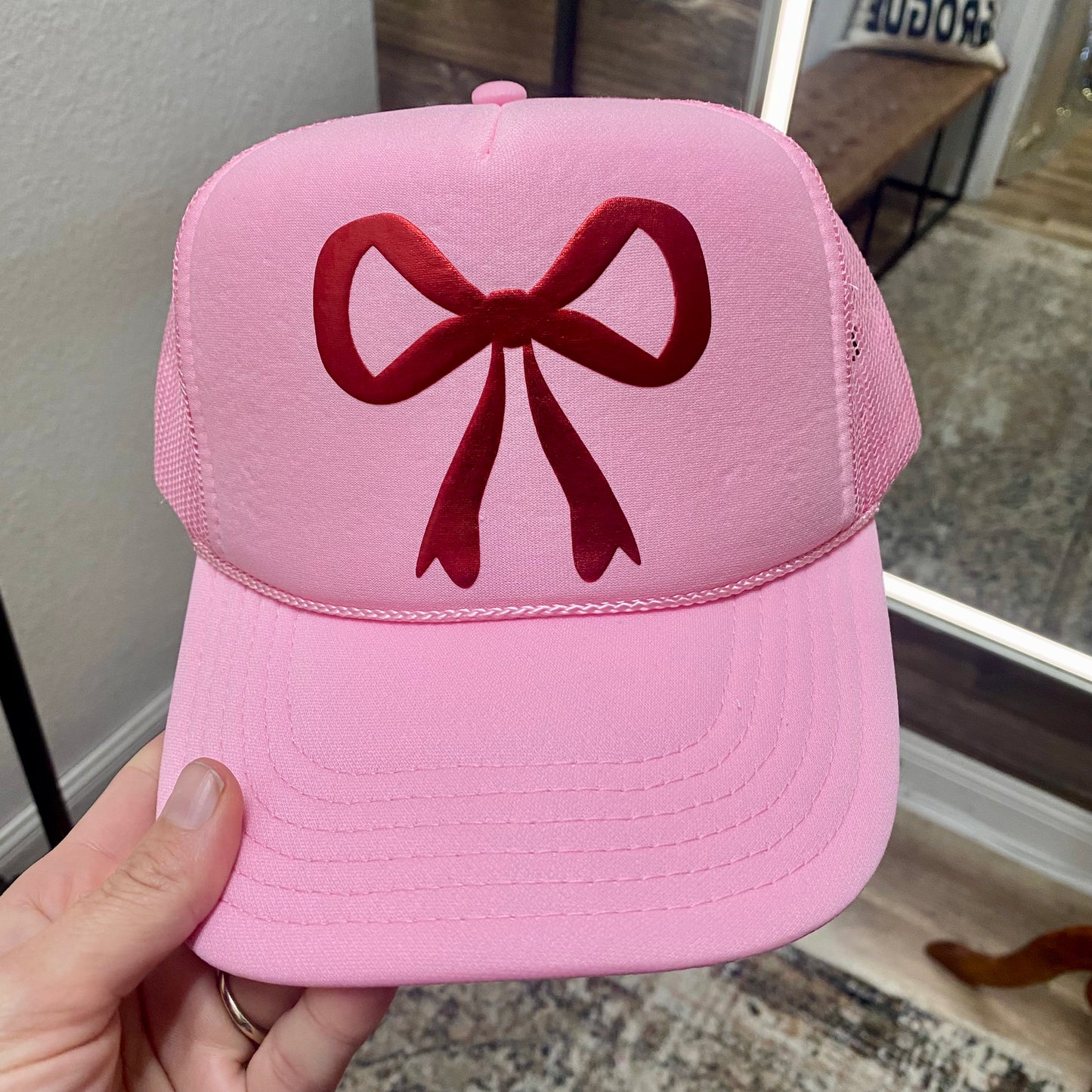 Red Metallic Bow Trucker Hat