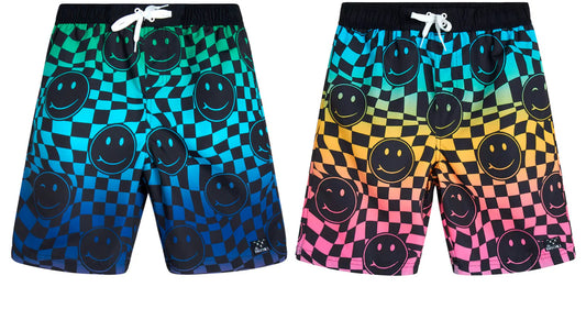 Boys Checkered Happy Swim Trunks