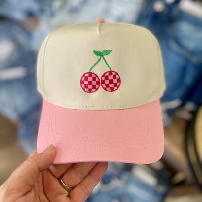 Cherry Embroidered Pink Hat