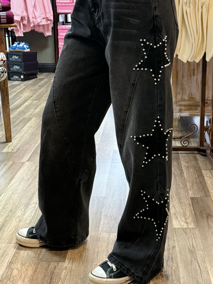 Star Pearl Wide Leg Black Jeans