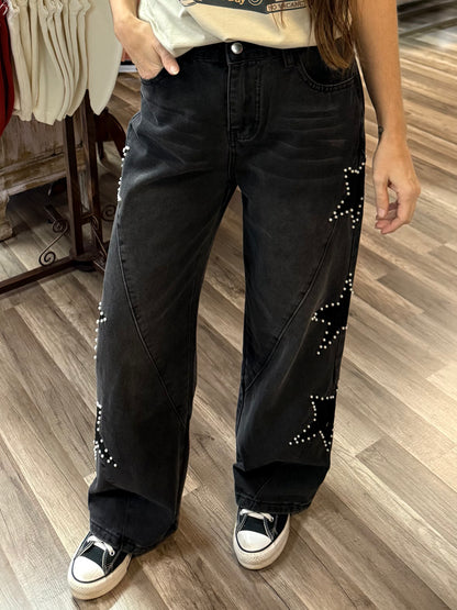 Star Pearl Wide Leg Black Jeans