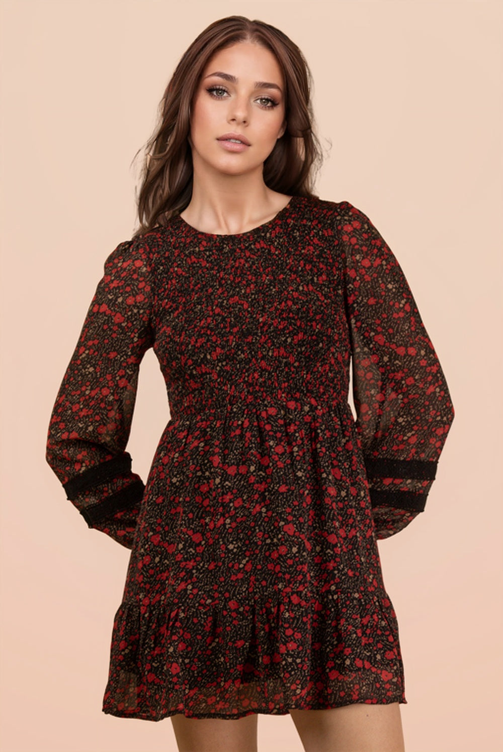 Kitty Floral Smocked Long Sleeve Black Dress