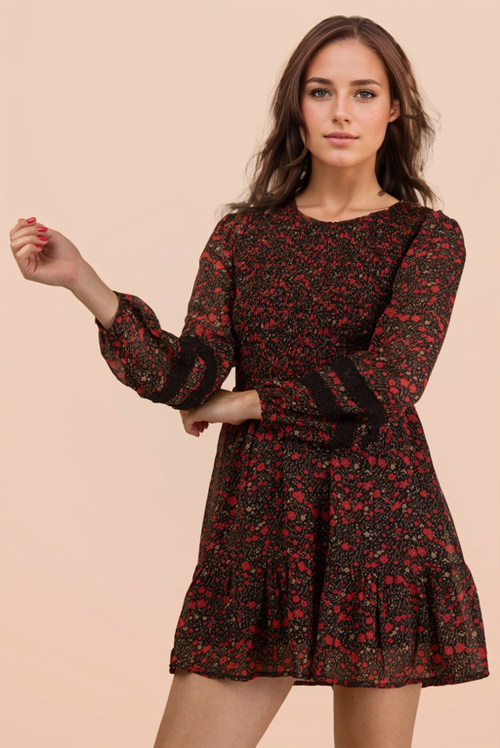 Kitty Floral Smocked Long Sleeve Black Dress