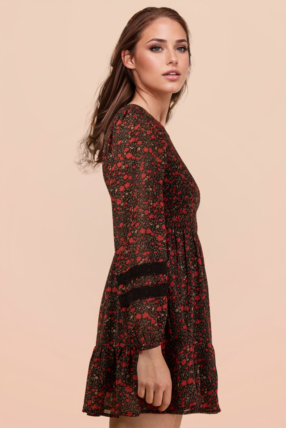 Kitty Floral Smocked Long Sleeve Black Dress