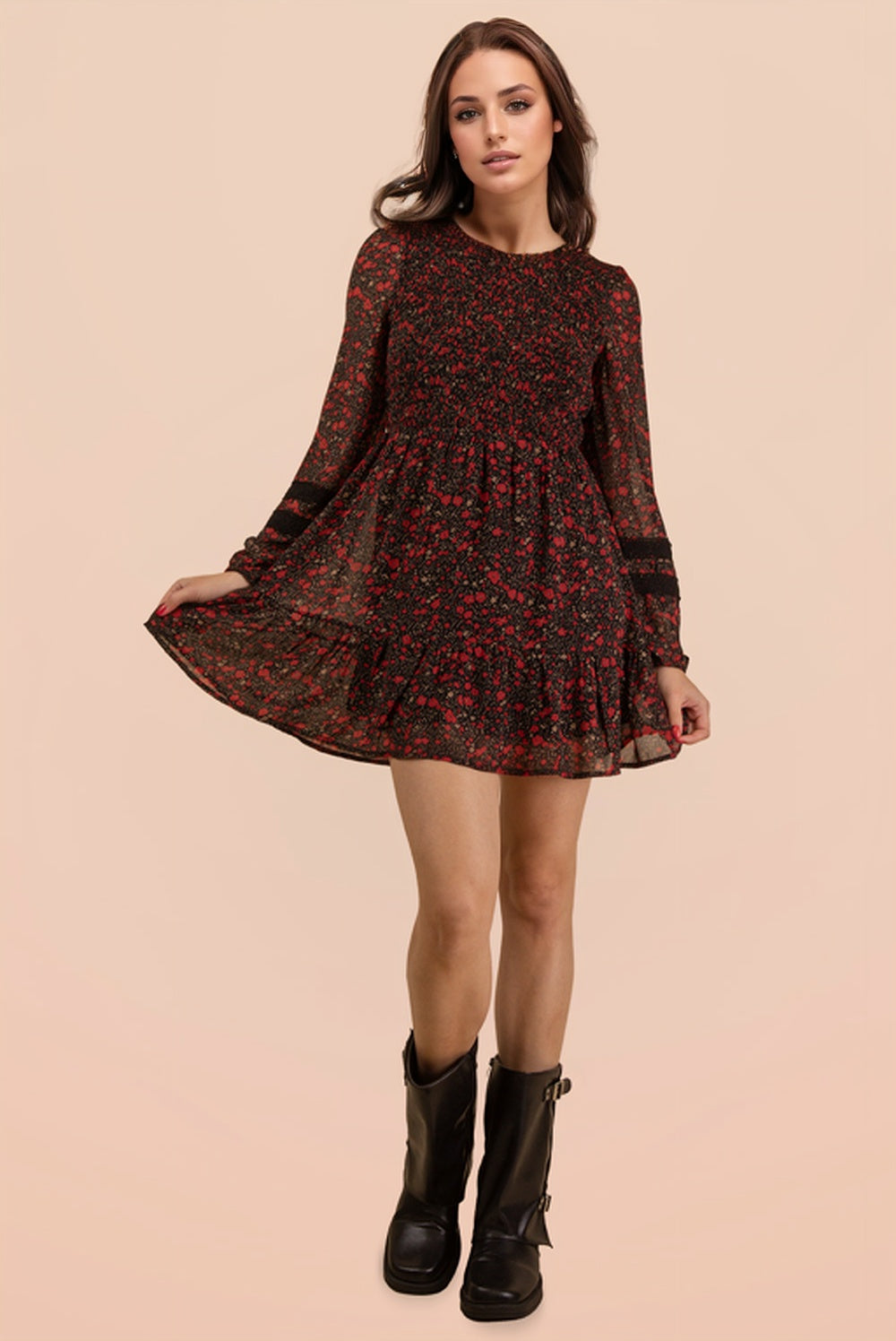 Kitty Floral Smocked Long Sleeve Black Dress