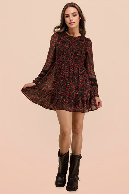 Kitty Floral Smocked Long Sleeve Black Dress