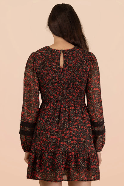 Kitty Floral Smocked Long Sleeve Black Dress