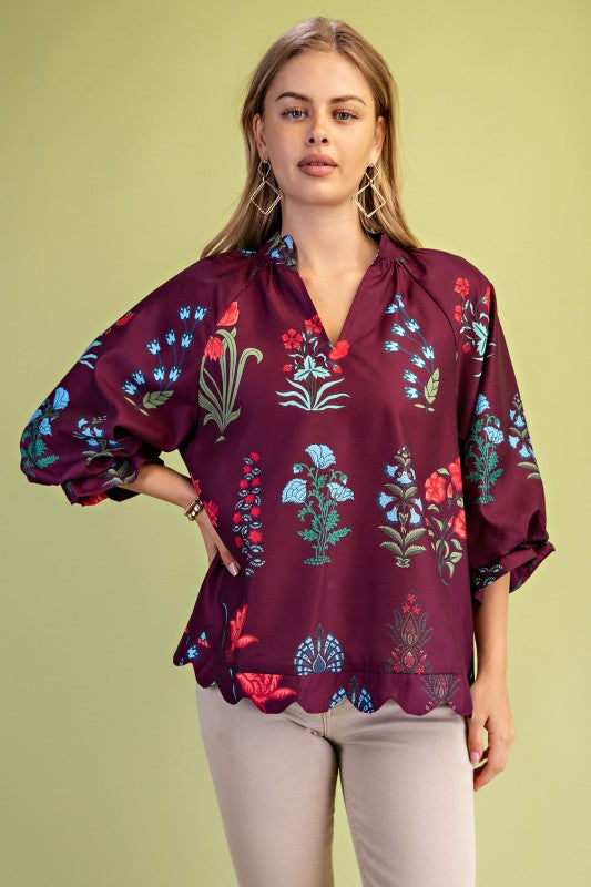Tilly Floral V-Neck Maroon Blouse