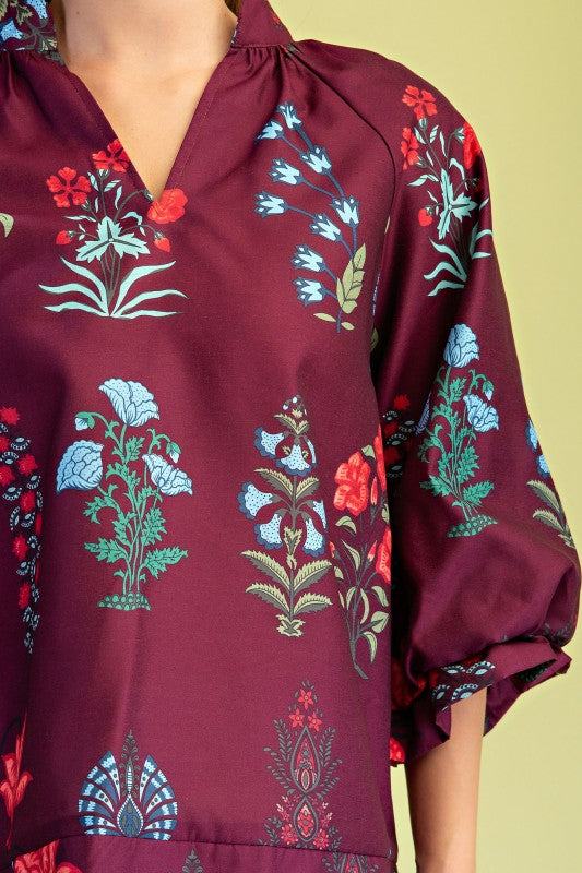 Tilly Floral V-Neck Maroon Blouse