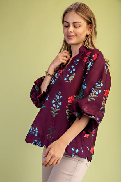 Tilly Floral V-Neck Maroon Blouse