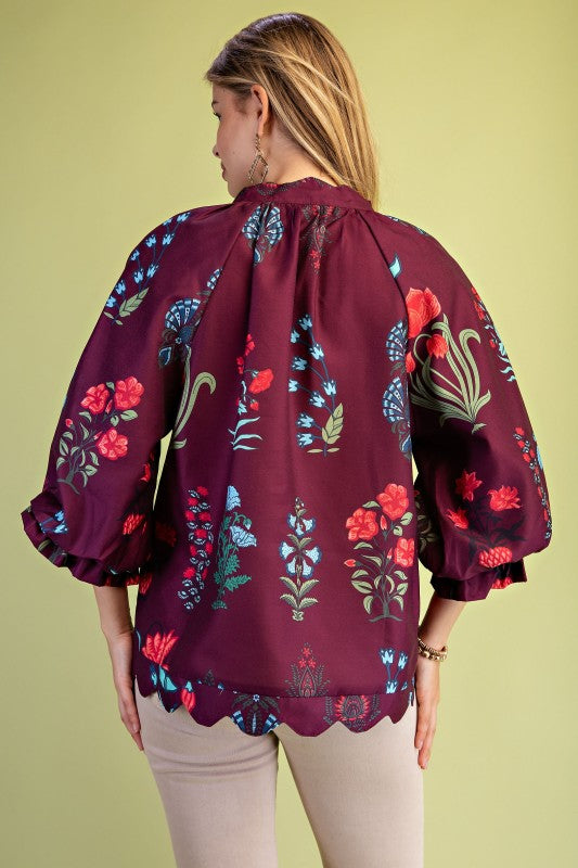 Tilly Floral V-Neck Maroon Blouse