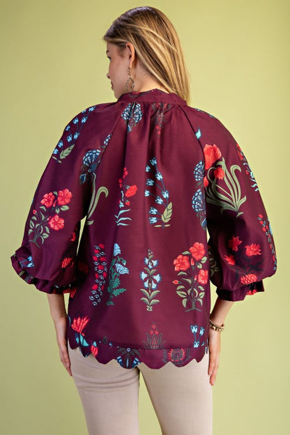 Tilly Floral V-Neck Maroon Blouse