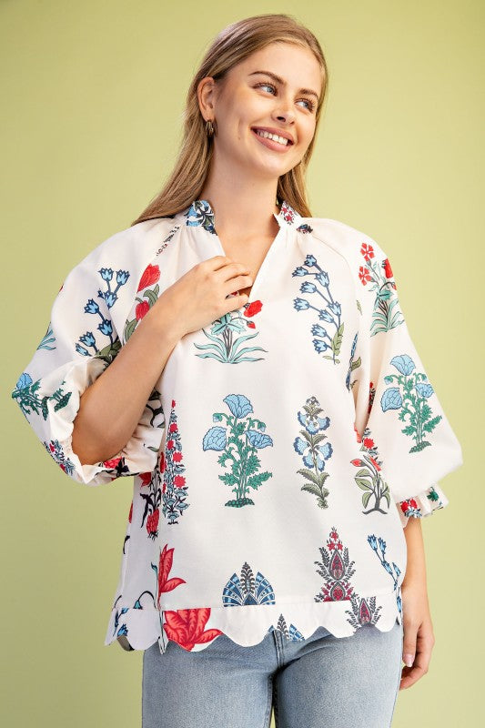 Tilly Floral V-Neck Ivory Blouse