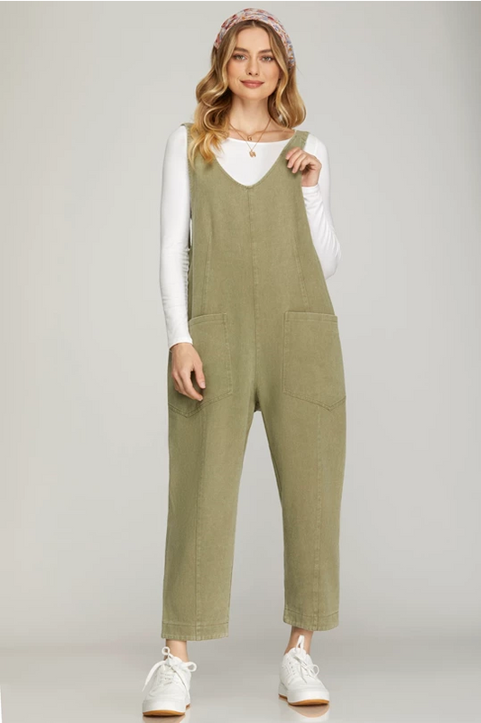 Maren V Neck Olive Denim Jumpsuit