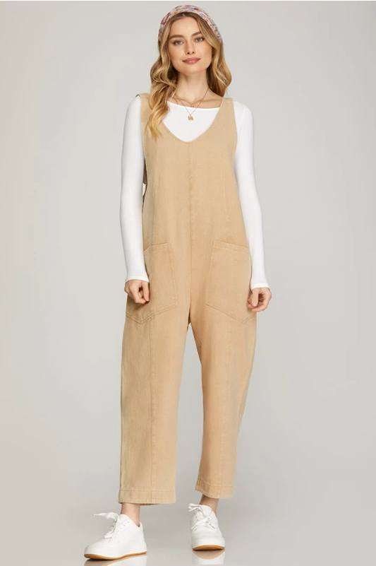 Maren V Neck Khaki Denim Jumpsuit