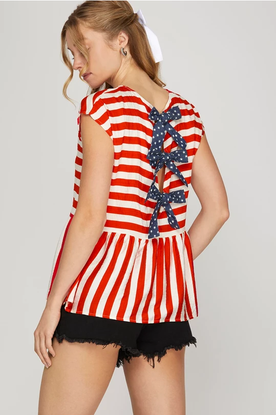 Betsy Striped Patriotic Bow Peplum Blouse