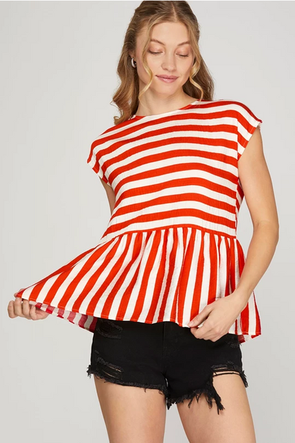 Betsy Striped Patriotic Bow Peplum Blouse