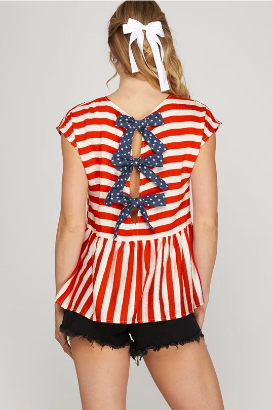 Betsy Striped Patriotic Bow Peplum Blouse