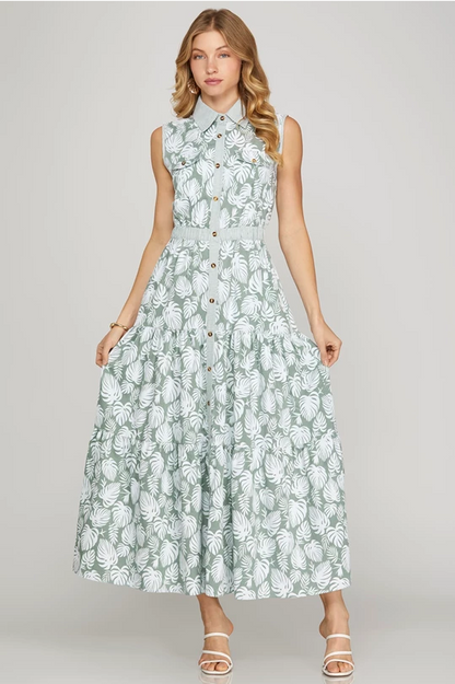 Bleu Tropical Leaf Sage Maxi Dress