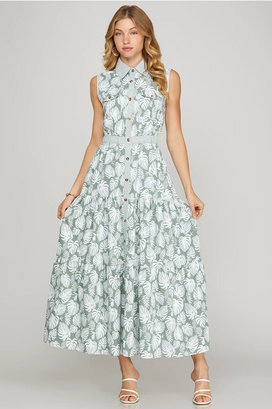 Bleu Tropical Leaf Sage Maxi Dress