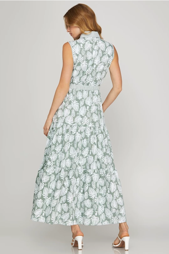 Bleu Tropical Leaf Sage Maxi Dress