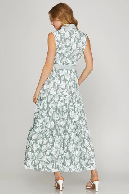 Bleu Tropical Leaf Sage Maxi Dress