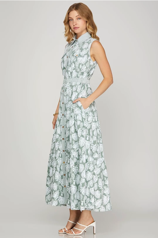 Bleu Tropical Leaf Sage Maxi Dress