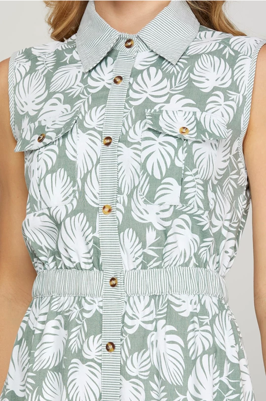 Bleu Tropical Leaf Sage Maxi Dress