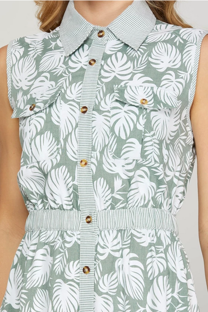 Bleu Tropical Leaf Sage Maxi Dress