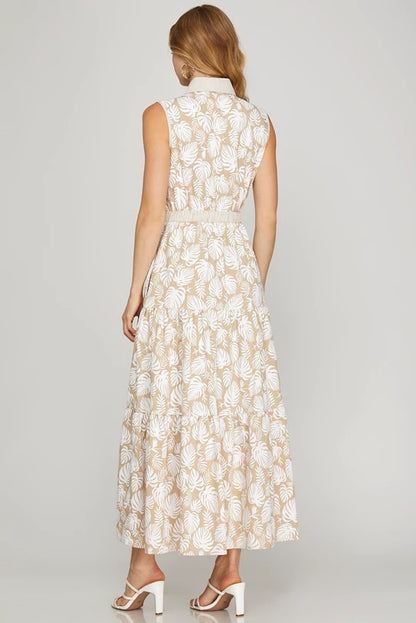 Bleu Tropical Leaf Oatmeal Maxi Dress