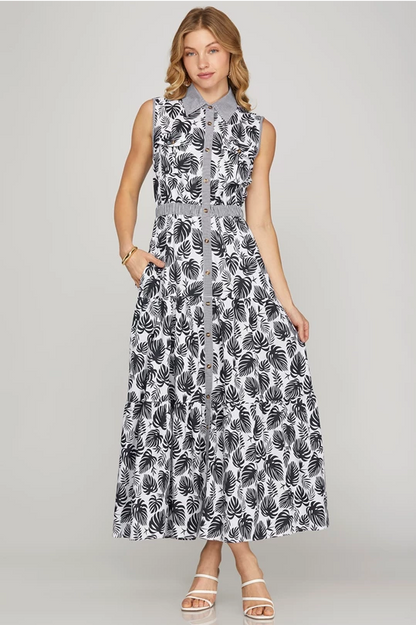 Bleu Tropical Leaf Navy Maxi Dress