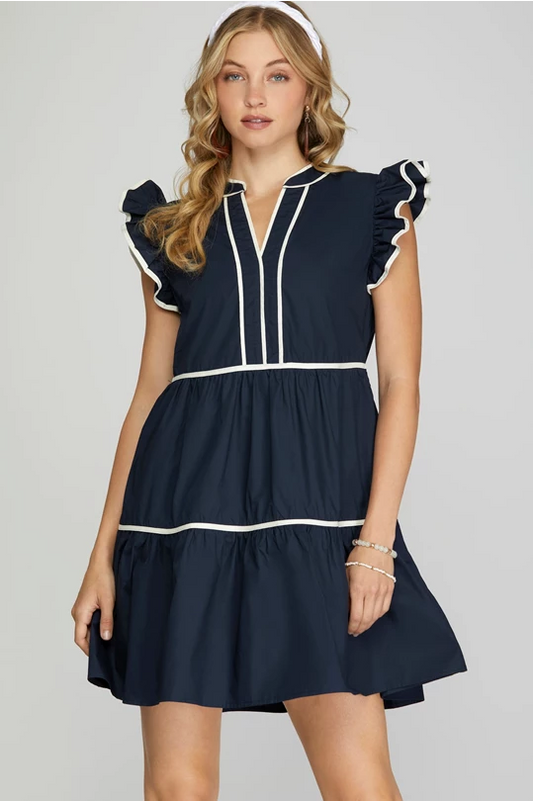 Amory Navy V Neck Dress