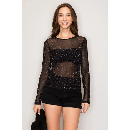 Bristol Rhinestone Black Mesh Top