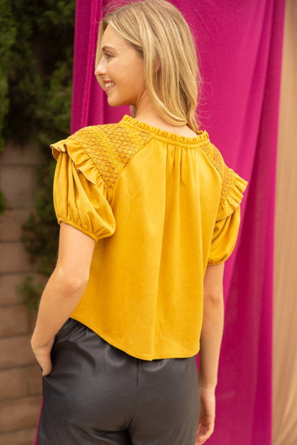 Voy Mustard Smocked Suede Blouse