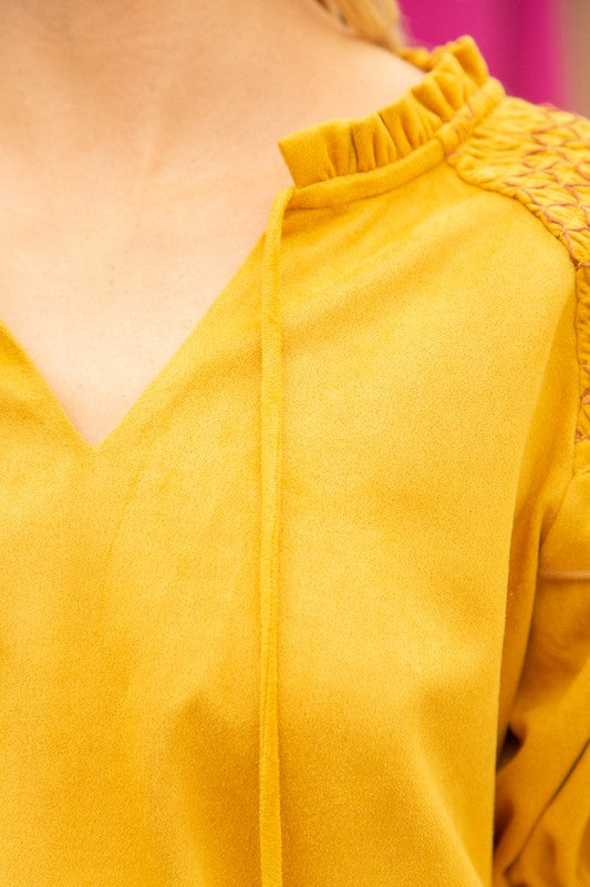 Voy Mustard Smocked Suede Blouse