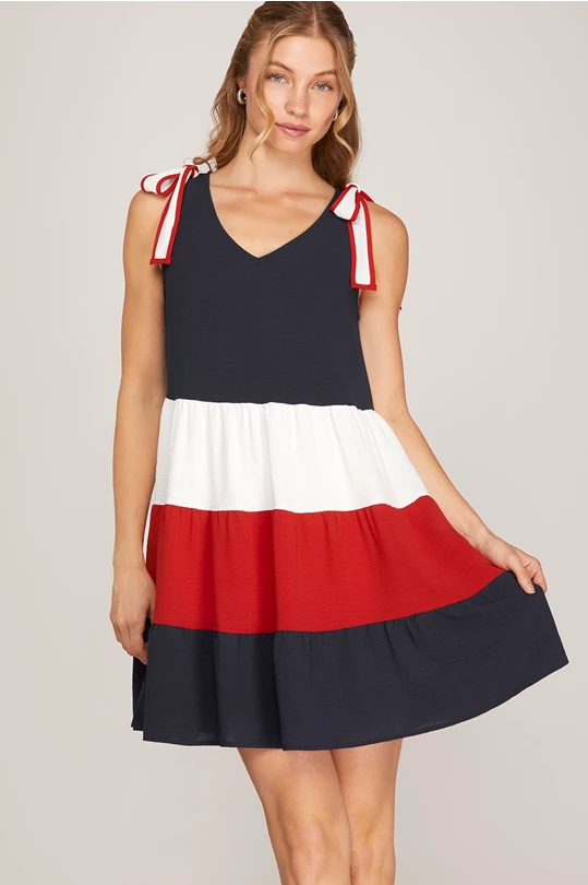 Red White & Navy V Neck Dress