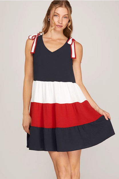 Red White & Navy V Neck Dress
