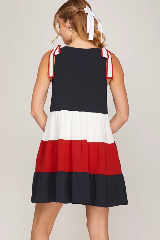 Red White & Navy V Neck Dress