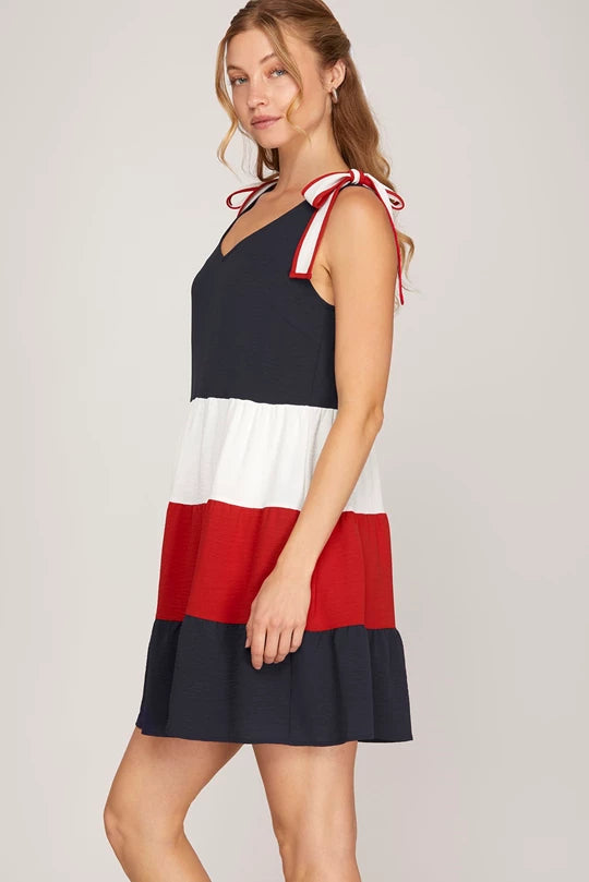 Red White & Navy V Neck Dress