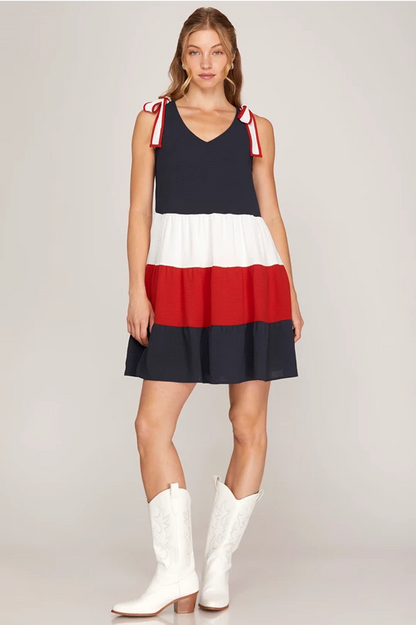 Red White & Navy V Neck Dress