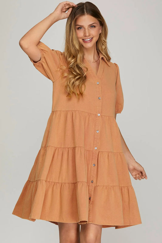 Clove Tiered Denim Cinnamon Dress