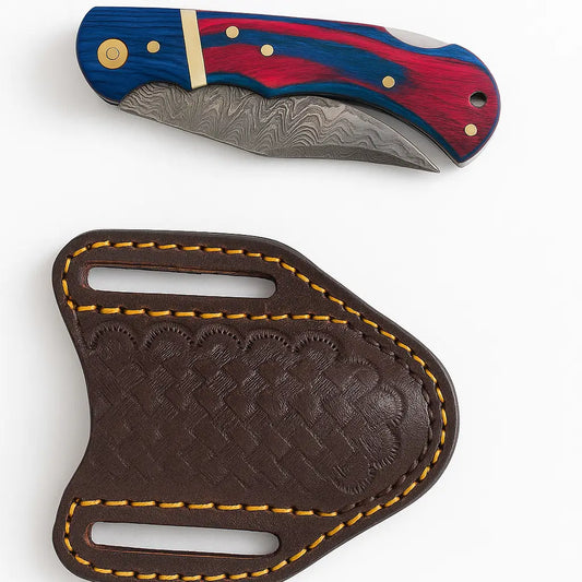 Titan Patriot Damascus Folding Knife & Leather Sheath with Sharpening Steel