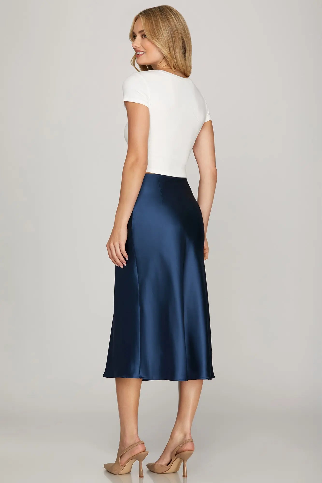 Ginger Satin Navy Midi Skirt