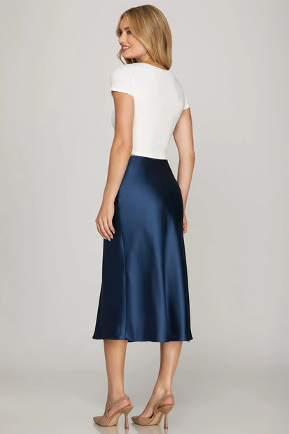 Ginger Satin Navy Midi Skirt