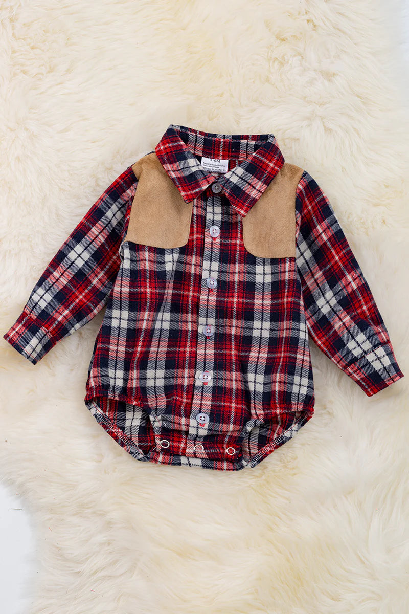 Baby Boy Plaid Suede Button Onesie