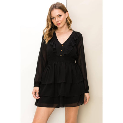 Jane Ruffle V-Neck Black Dress