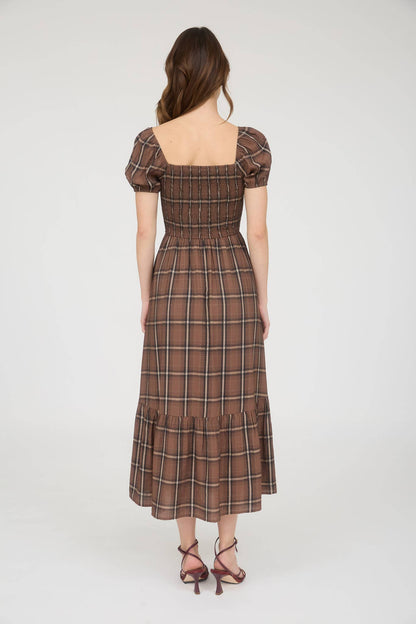 Amaya Plaid Smocked Brown Dress