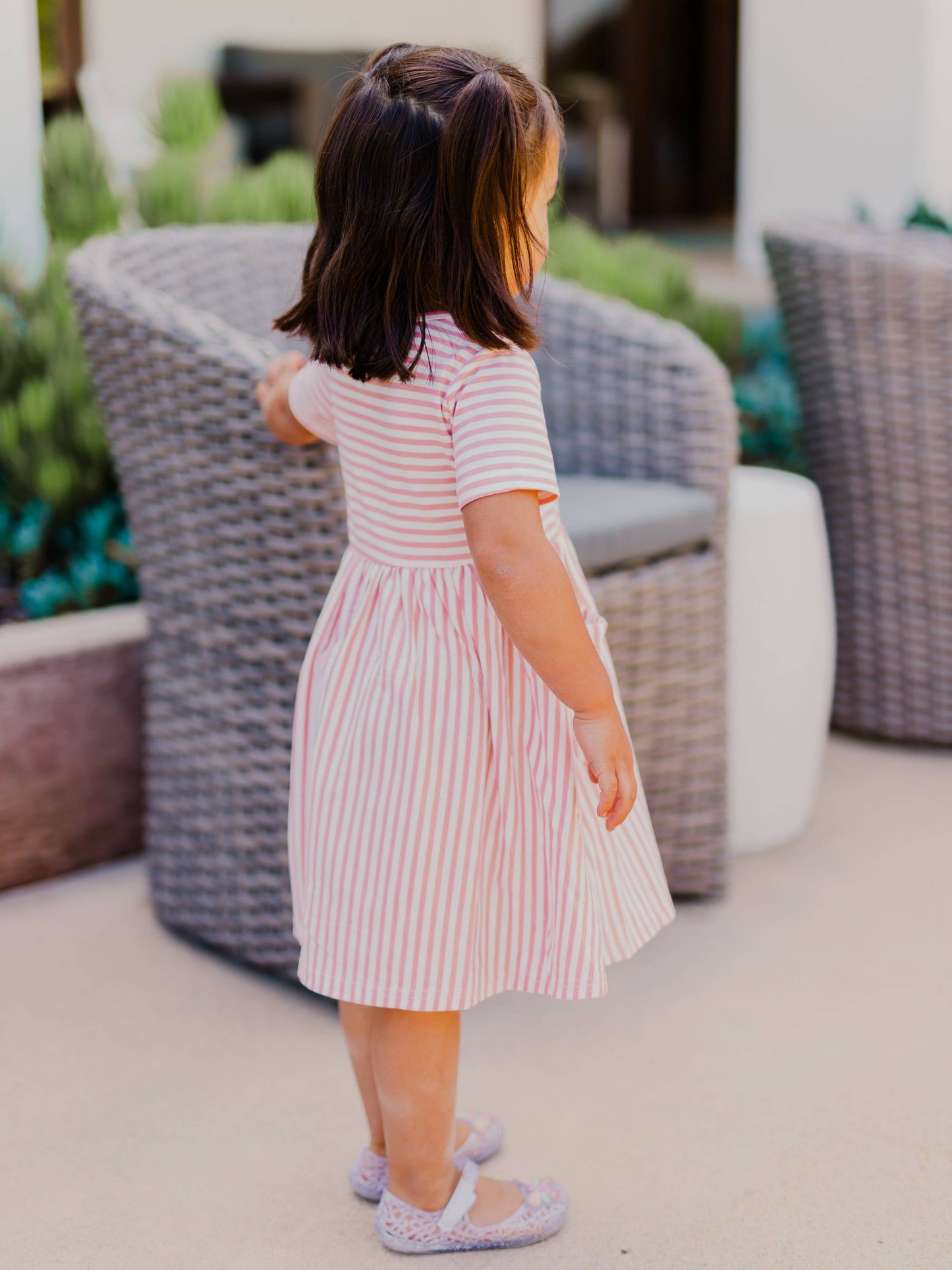 Girls Striped Pocket Mauve Dress
