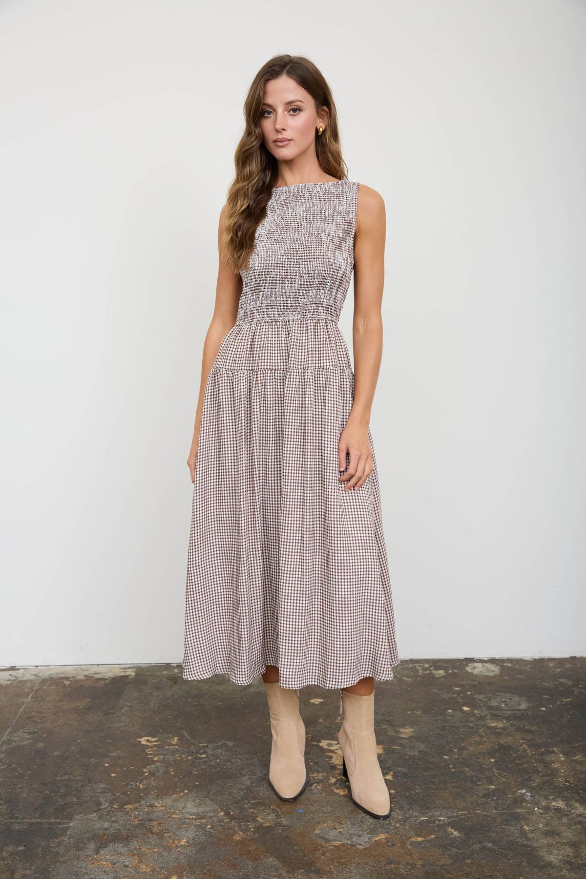 Amelia Gingham Smocked Brown Midi Dress