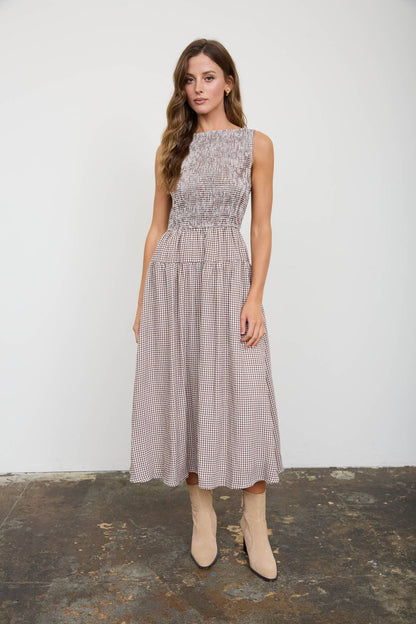 Amelia Gingham Smocked Brown Midi Dress